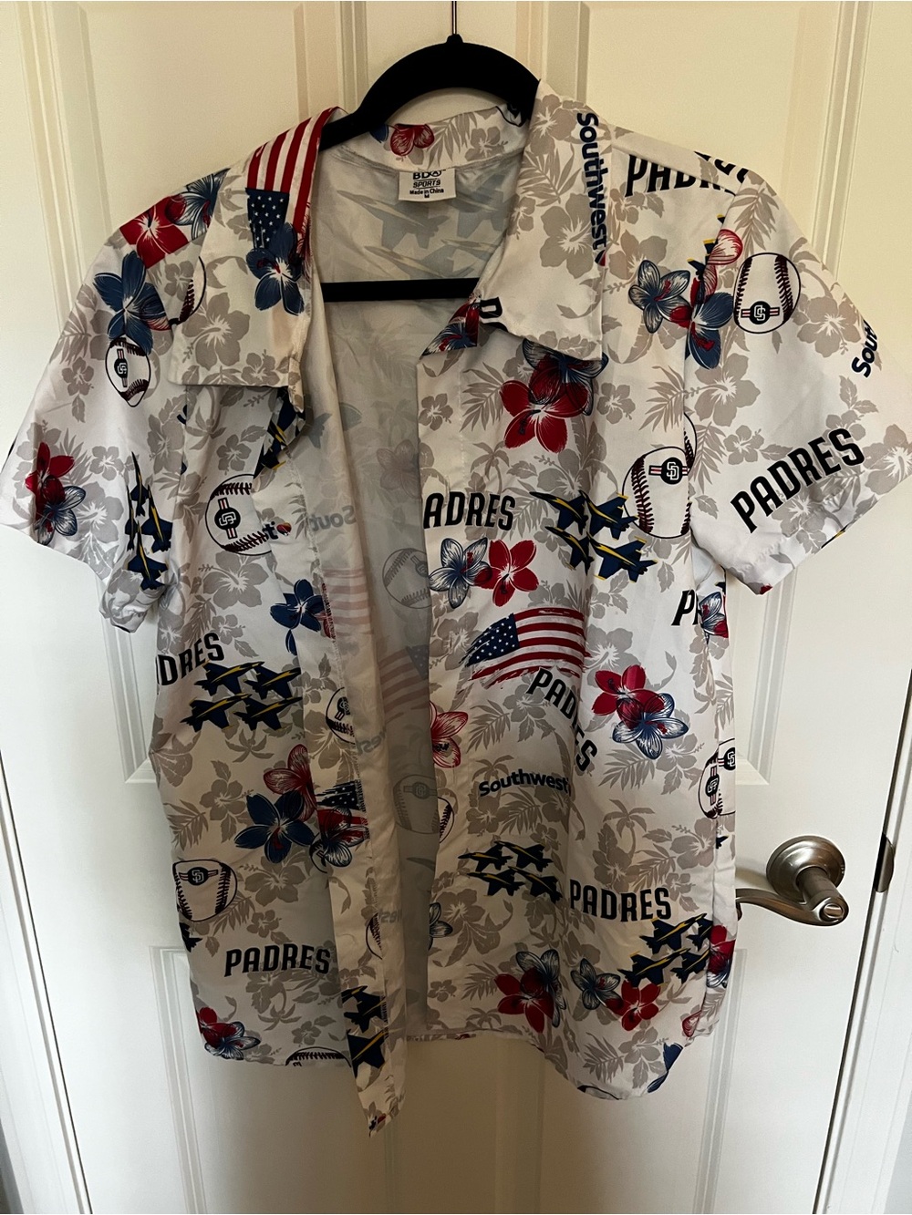 Men's Button-Down Casual Shirt - White with Red & Blue Floral and Team Print